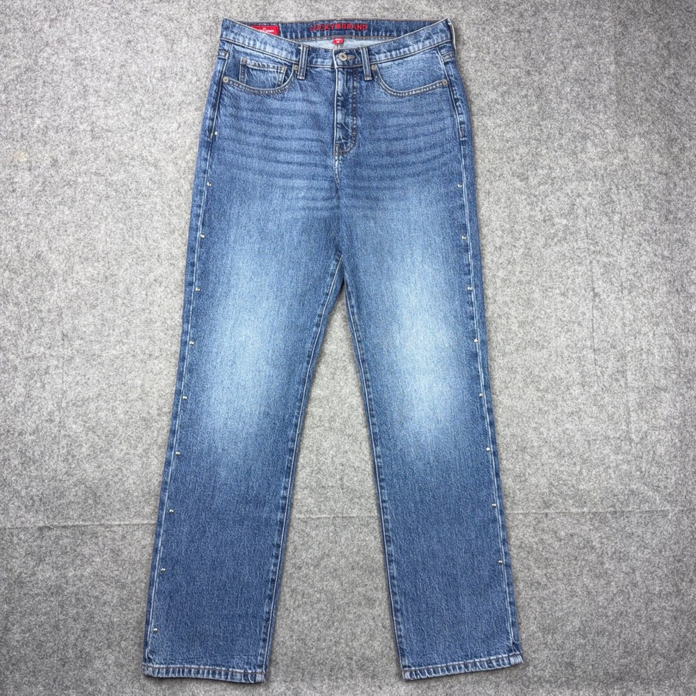 Lucky Brand‎ Jeans Womens 10/30 Long Blue Zoe High Rise Straight Studded Denim